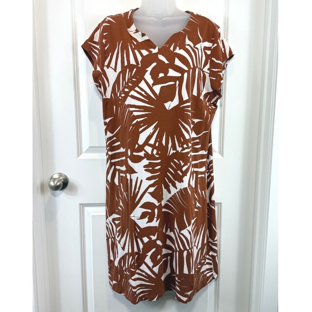 D&Co Beach Women's Palm Leaf Shift Dress L Rust Brown White V-Neck Tropical Boho